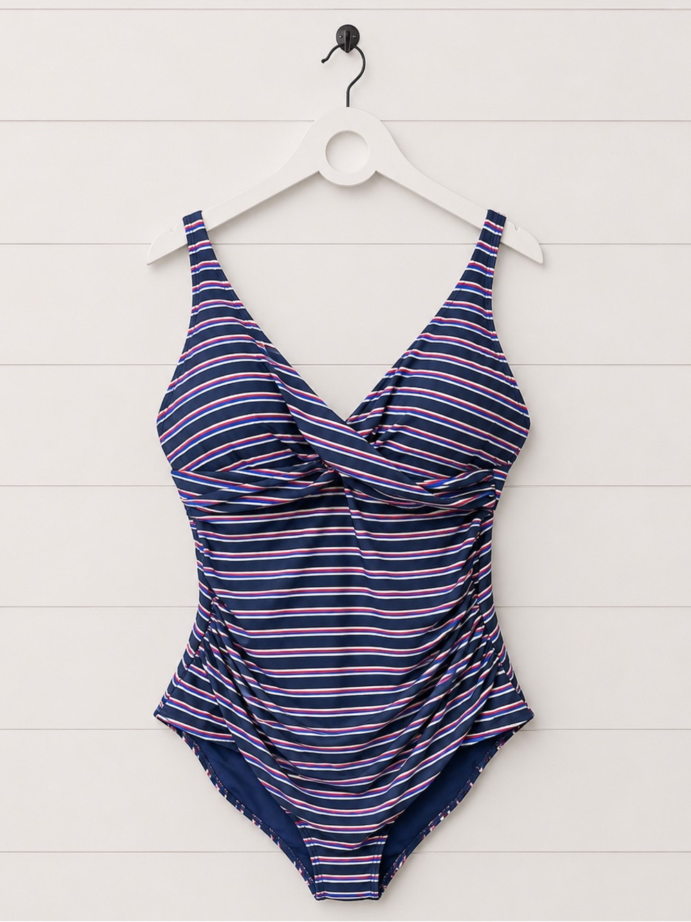 Navy Striped One-Piece Swimsuit with Pink Accent